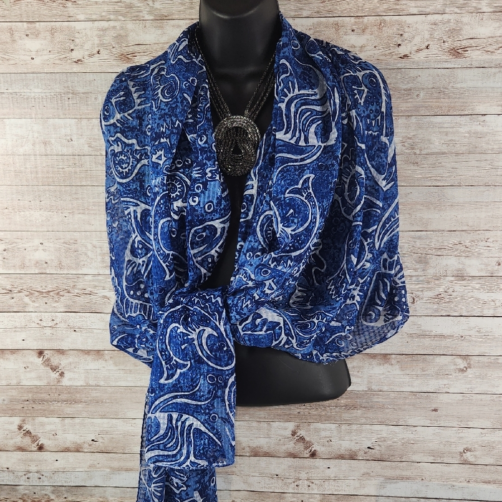 Navy Blue Paisley Wrap Scarf  Sz 78 x 44 - Picture 4 of 5